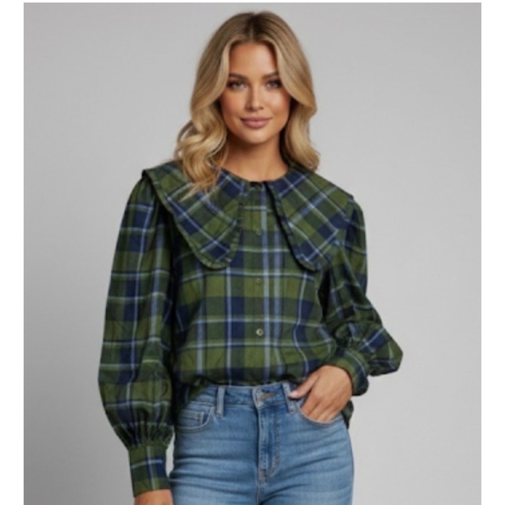WeWoreWhat Green Plaid Blouse Peter Pan Collar Puff Sleeves sz S